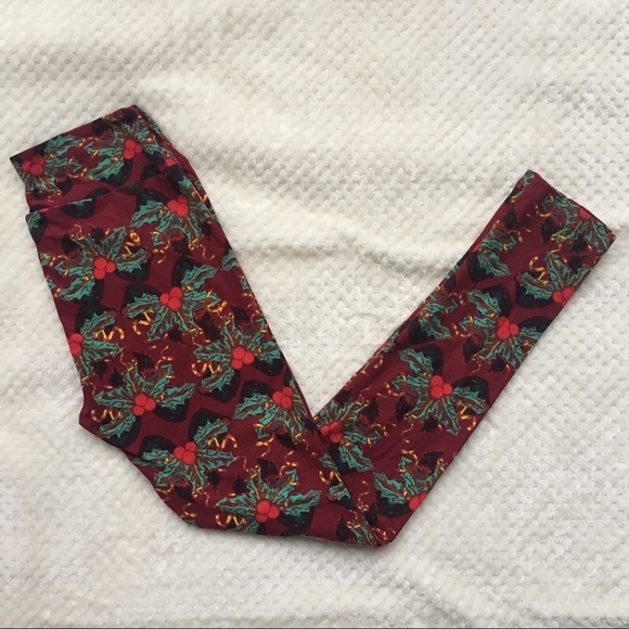 LulaRoe Mistletoe Holly Holiday One Size Leggings - Picture 2 of 7